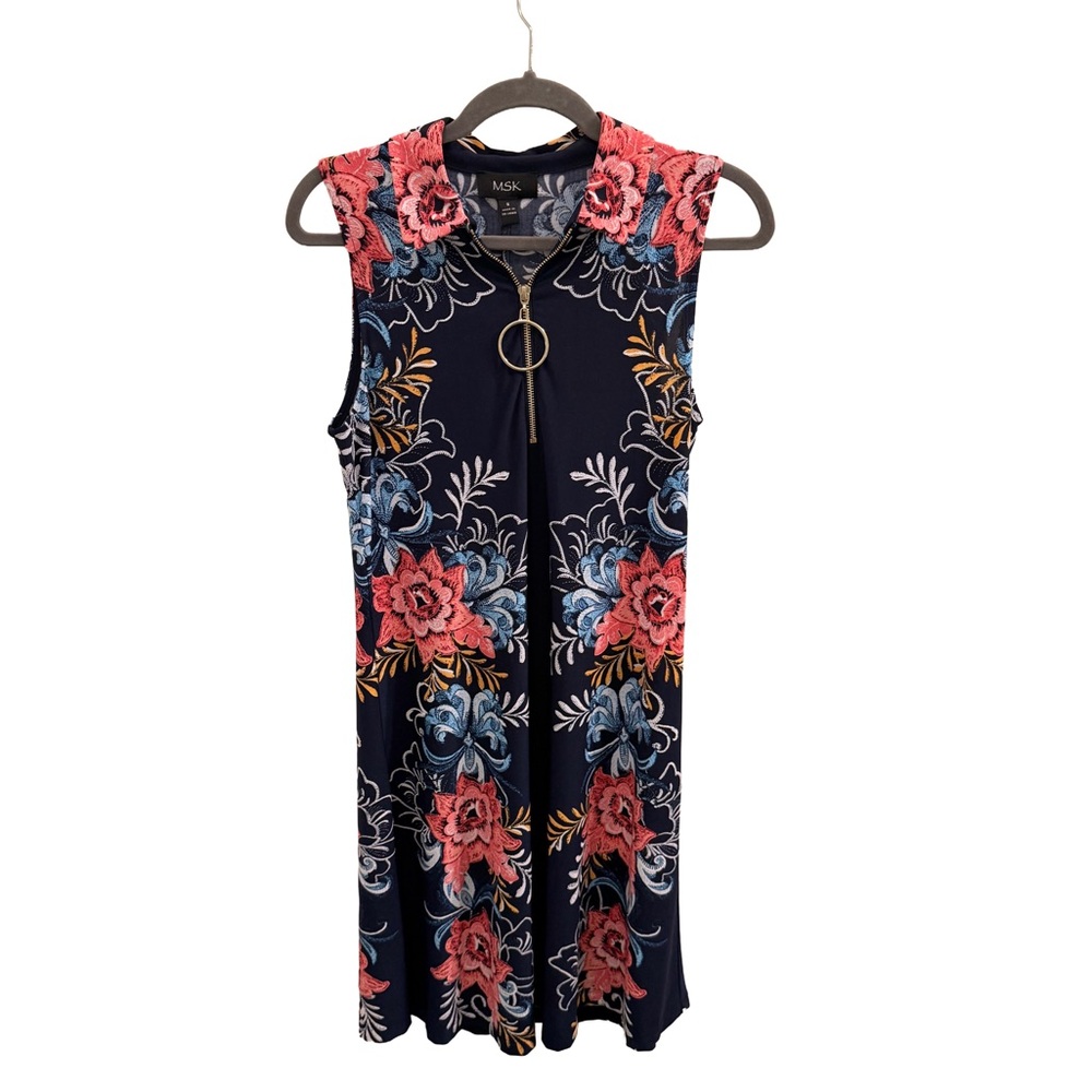 MSK Navy Dress with Pink and Blue Floral Pattern